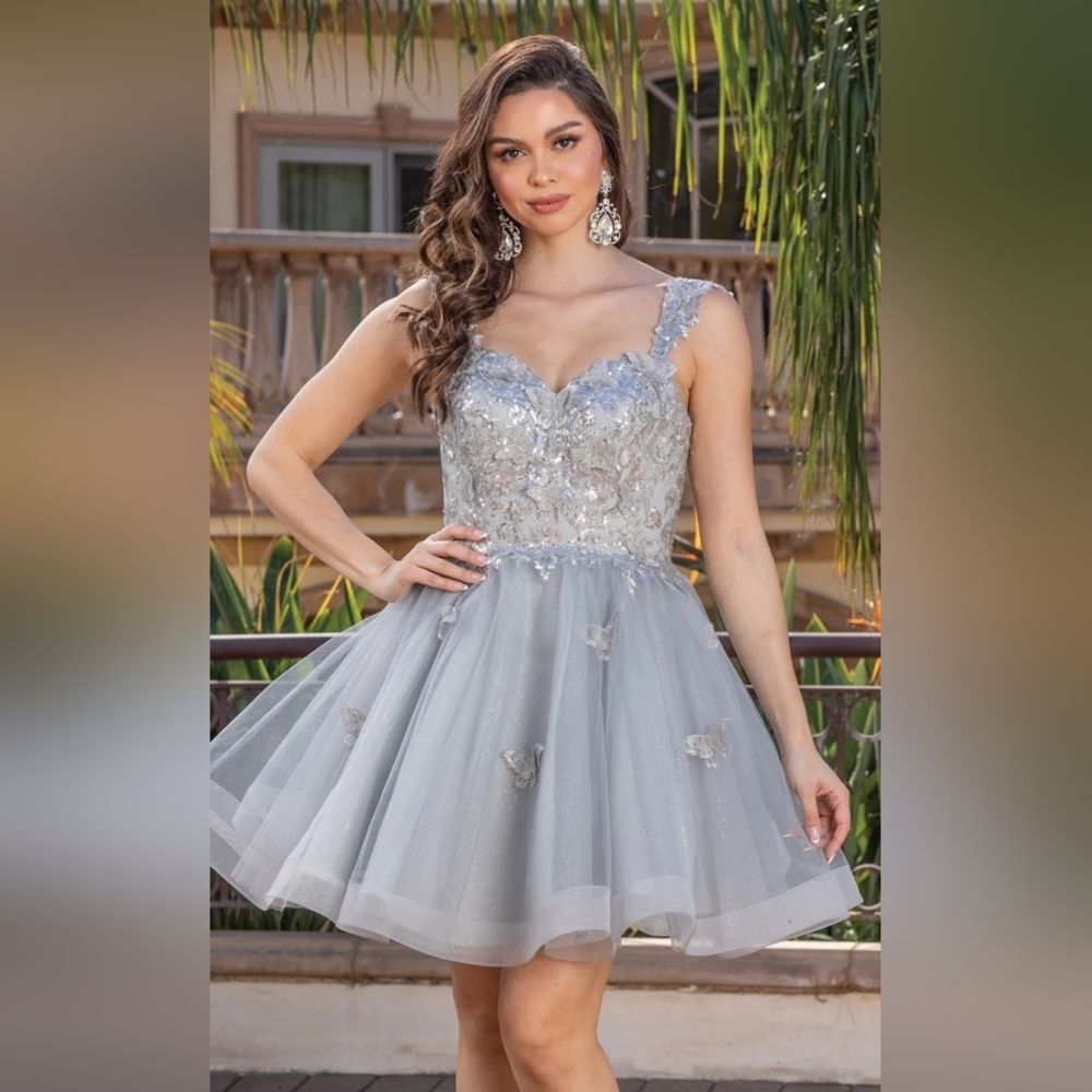 Elizabeth K Embroidered-Lace Short Babydoll Hoco Dress